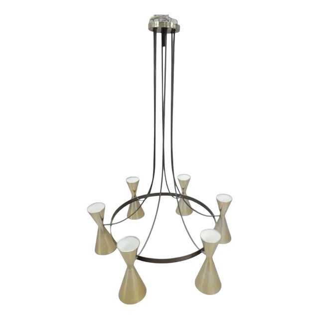 Mid-Century Modern Brass & Black Metal Chandelier With Sculptural Trumpet Shades For Sale