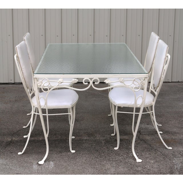 White Vintage John Salterini Style Wrought Iron & Glass Dining Table & 4 Wrought Iron Chairs For Sale - Image 8 of 13