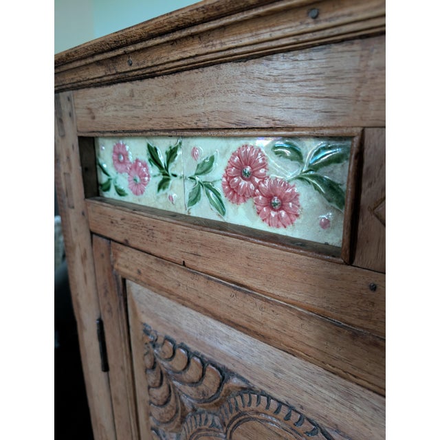 Wood Stunning Antique Indonesian Carved Teakwood Cabinet With Majolica Ceramic Tiles For Sale - Image 7 of 14
