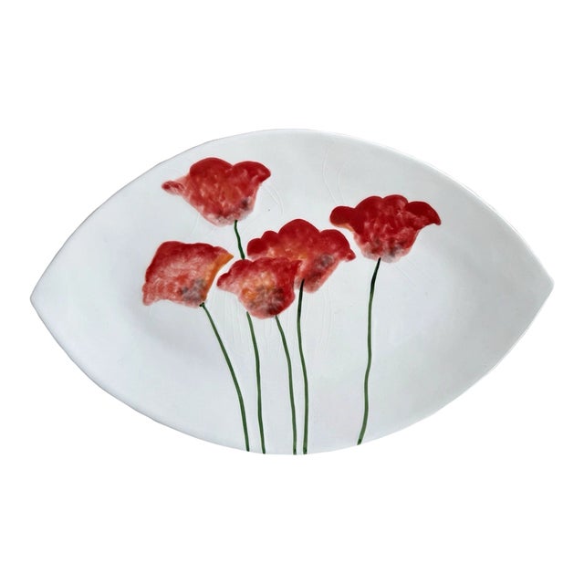 Vintage Fitz & Floyd Classic Poppies Embossed Leaves Red Poppies White Serving Platter For Sale