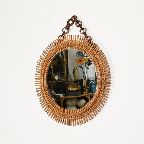 Round Rattan and Bambo Mirror with Chain attributed to Franco Albini, Italy, 1960s For Sale - Image 9 of 13