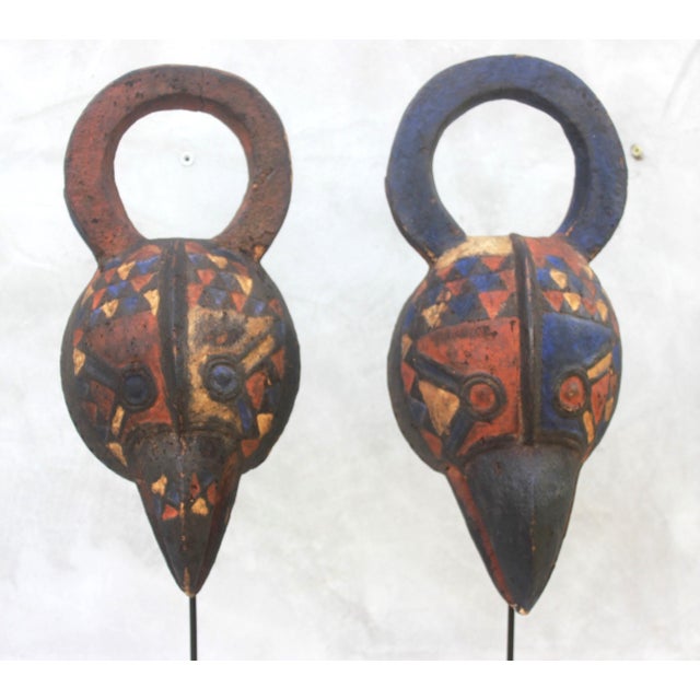 Hand-Carved African Bird Masks with Polychrome Pigments, Mid-20th Century, Set of 2 For Sale - Image 6 of 17