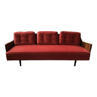 Adrian Pearsall Style Persimmon Red Velvet Upholstered Sofa For Sale