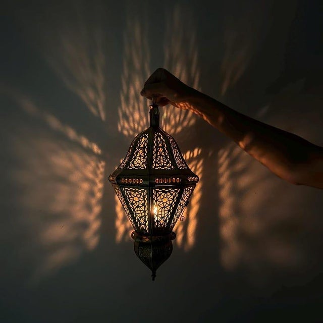 Handcrafted Moroccan Brass Lantern – Pierced Candle Light, Marrakech Artisan Decor, Boho Exotic Lighting For Sale - Image 4 of 10