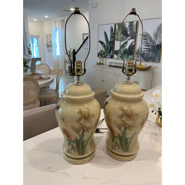 Vintage Porcelain Chinese Ginger Jar Lamps Hand Painted Large - a Pair For Sale - Image 13 of 15