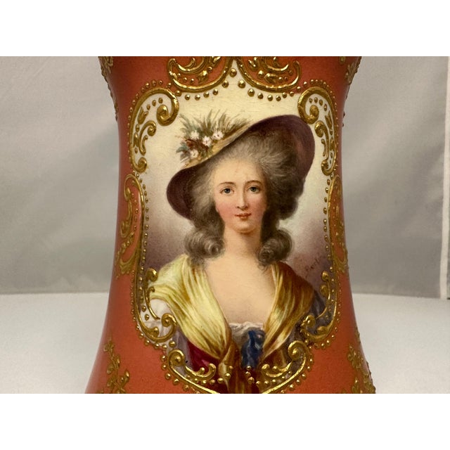 19th Century Antique Royal Bonn Portrait Vase: Hand-Painted Gold Gilt Rococo Vase, Signed For Sale - Image 5 of 10