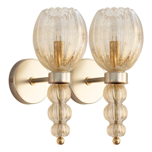 Murano Glass Wall Lamps in Crystal Color and Gold Decorations, Blown Glass and Artistic Decorations, 1990s, Set of 2 For Sale