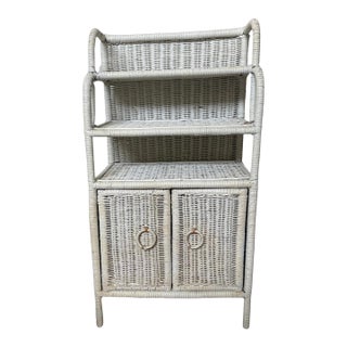 Vintage White Wicker Étagère With Double Door Cabinet & Curved Frame For Sale