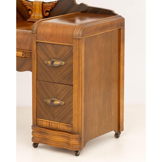 American Art Deco Mirrored Marquetry Inlaid Walnut Vanity and Chair For Sale - Image 9 of 16