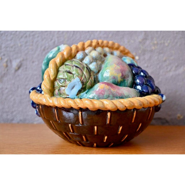 Boho Chic Large Multi-Colored Slip Fruit Bowl, 1920 For Sale - Image 3 of 16