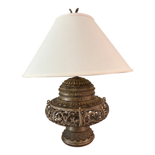 Large Late 20th Century Moroccan/Spanish Style Metal Table Lamp Filigree Base For Sale
