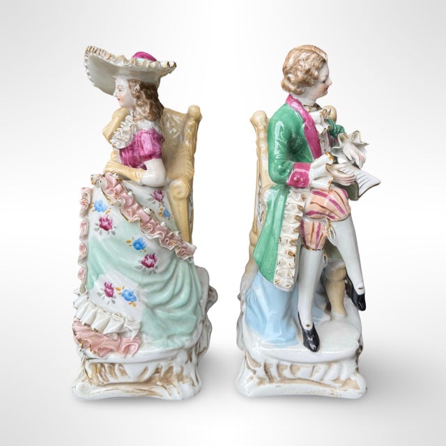 Victorian Vintage German Porcelain Figurines, Romantic Couple- a Pair For Sale - Image 3 of 7