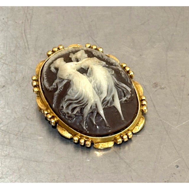 Victorian Carved Brown/White Gold Tone Dancing Ladies Cameo Brooch For Sale - Image 3 of 4