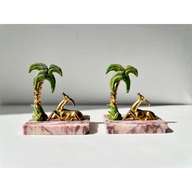 French Art Deco Gazelle and Palm Bookends on Pink Marble, 1920s, Set of 2 For Sale - Image 10 of 11