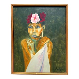 Vintage Boho Original Portrait Painting on Canvas For Sale