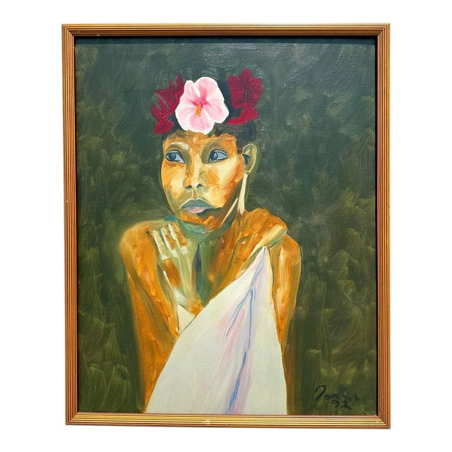 Vintage Boho Original Portrait Painting on Canvas For Sale