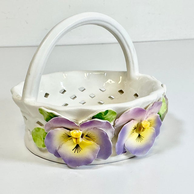 1980s Vintage Coastal Knife-Cut Ceramic Pansy Candy Dish With Handle For Sale - Image 11 of 12
