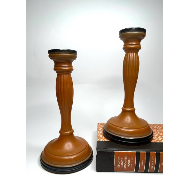 Vintage Art Deco Orange & Black Czechoslovakian Glass Candlesticks, a Pair For Sale - Image 10 of 11