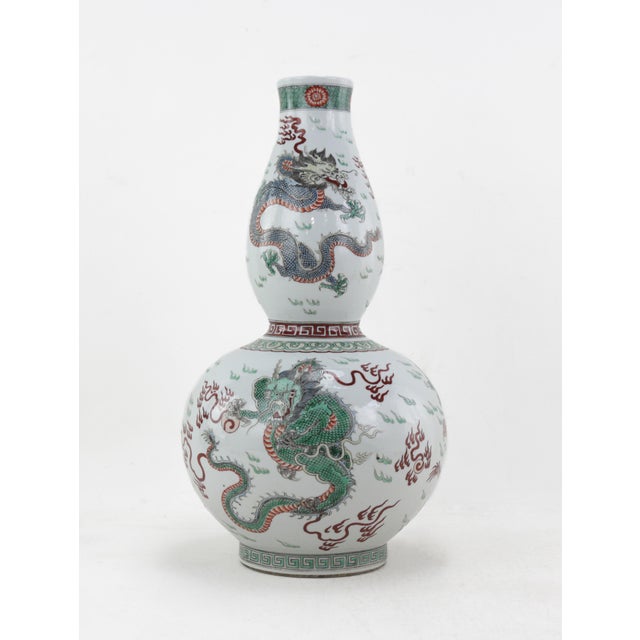 Asian A Pair of Early 20th-Century Chinese Multicolored Dragon-Patterned Porcelain Gourd Vases, Bearing Imitation Qing Dynasty Kangxi Reign Marks. For Sale - Image 3 of 12