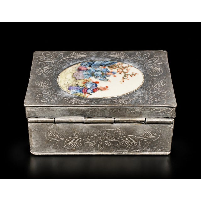 Chinese Antique Pewter Box W Finely Painted Porcelain 1920s Republic Era For Sale - Image 12 of 13