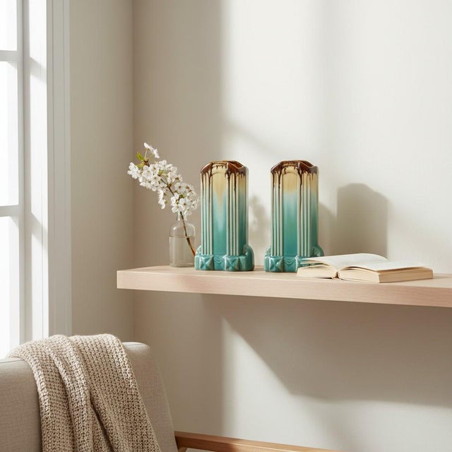 Rare set of two Art Deco vases made of earthenware with turquoise, beige, and brown glaze; the design is attributed to the...