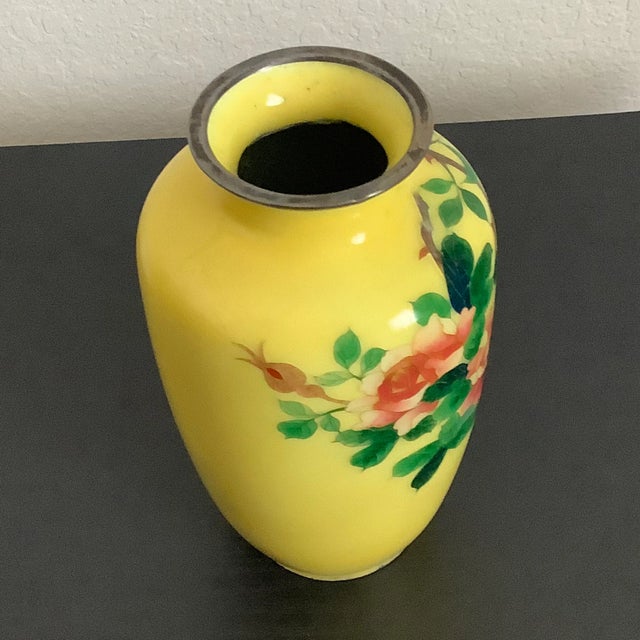 Yellow Asian Yellow Cloisonne Enamel Rose Metal Vase For Sale - Image 8 of 13