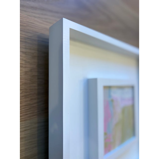 Acrylic on paper, mounted to cradled wood panel, framed in a duo style white wooden frame, 13 x 13 x 1.5. Back wired,...