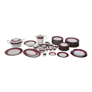 1960s Elegant Mid-Century Japanese Bone China Service for 12 in White and Noble Red For Sale