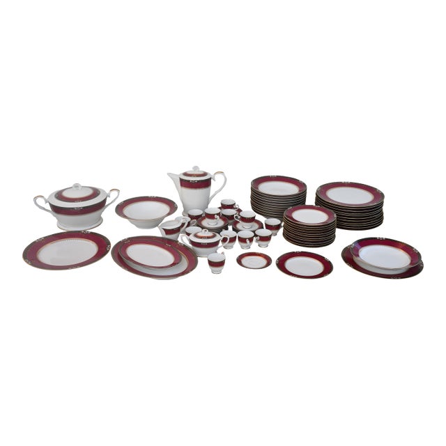 1960s Elegant Mid-Century Japanese Bone China Service for 12 in White and Noble Red For Sale