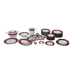 1960s Elegant Mid-Century Japanese Bone China Service for 12 in White and Noble Red