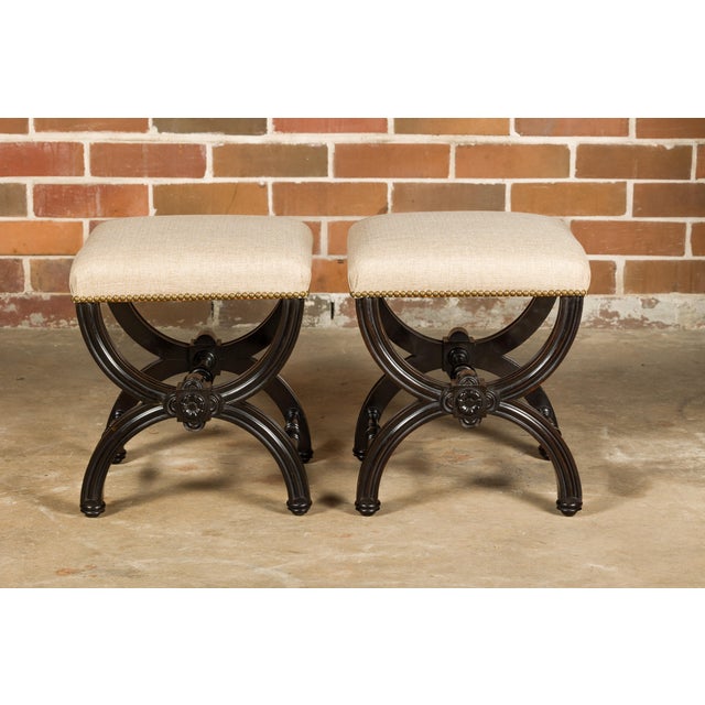 Viennese 1900s Black Stools with X-Form Bases and Custom Upholstery, a Pair For Sale - Image 10 of 12