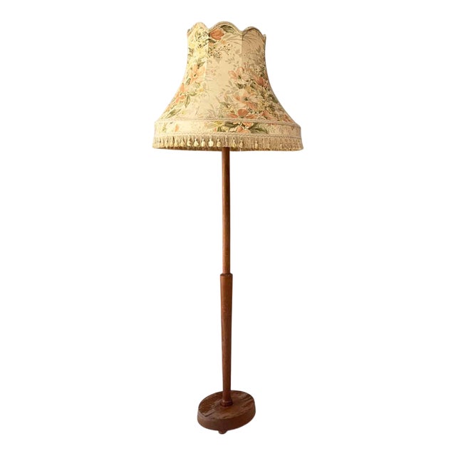 Vintage Teak Floor Lamp with Large Fringed Shade For Sale