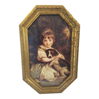 Vintage Italian Gilt Wood Frame With Girl and Dog Print For Sale