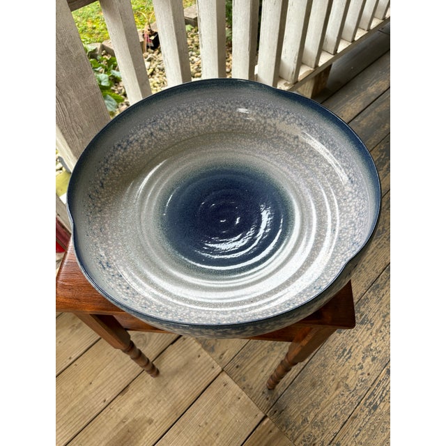 Cream John-Richard Large Reactive Blue and Cream Shallow Pottery Bowl Coastal For Sale - Image 8 of 12