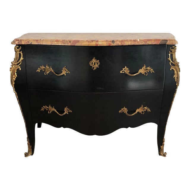 Curved Ebonized Chest of Drawers with Bronze Elements Stamped De Beyne Roubaix For Sale