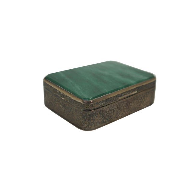 Antique continental silver plate green jade keepsake / trinket / snuff box or casket featuring stone top and engraved leaf...