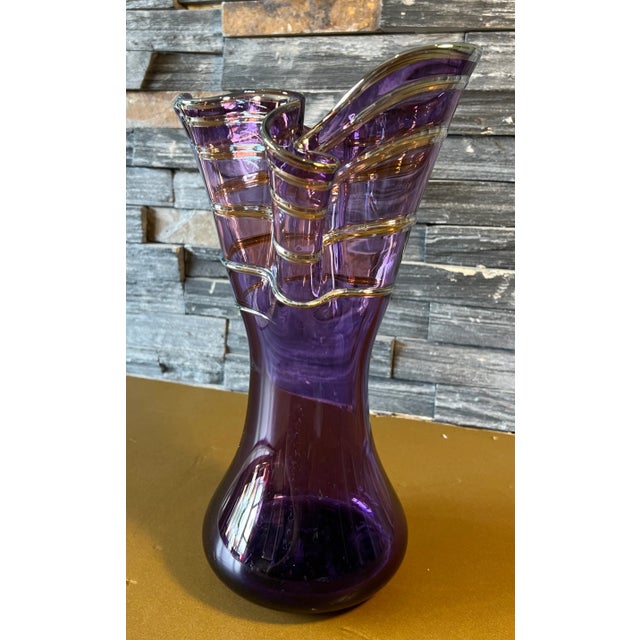 Early 21st Century Signed Rich Pitkethly Art Glass Amethyst Handkerchief Vase With Swirled Lines For Sale - Image 5 of 12