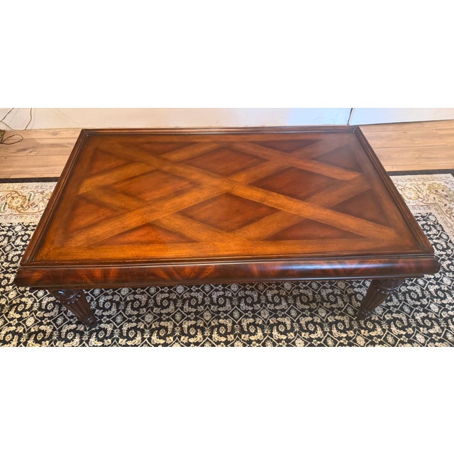 Late 20th Century Vintage Regency Style Mahogany Parquetry Coffee Table With Flame Mahogany Apron For Sale - Image 5 of 15
