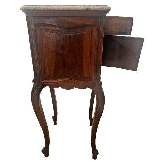 Wood Antique French Nightstand Marble Top Commode Cabinet, Drawer, Carved Walnut For Sale - Image 7 of 12