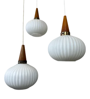 Japani Pendant Lamps in Teak and Opaline, Set of 3
