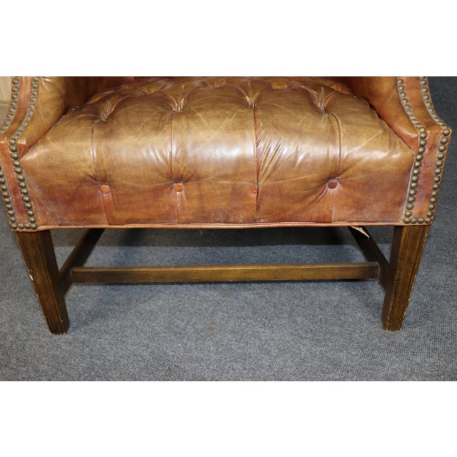 Animal Skin Pair Antique Georgian Leather Chesterfield Style Tufted Wingback Chairs For Sale - Image 7 of 8