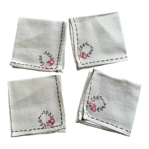 Vintage Handmade Linen Cocktail Napkins With Floral Hand Embroidery Detail Set of 4