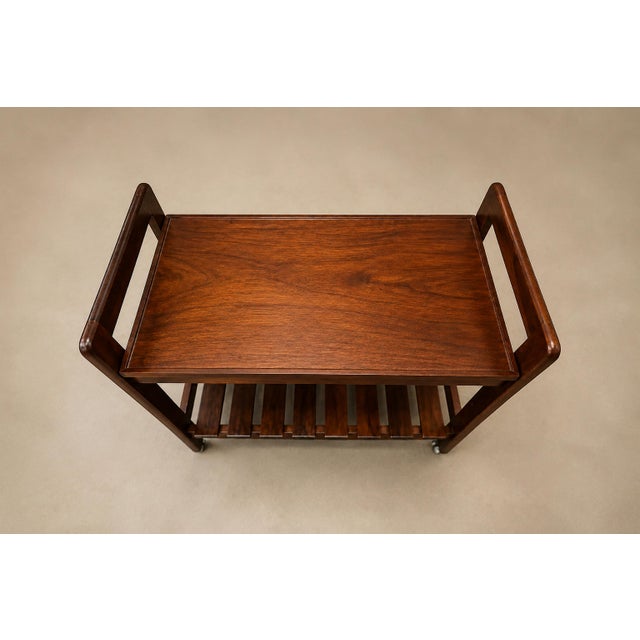 Brazilian Modern Bar Cart in Imbuia Wood With Two Tiers and Slatted Shelf, Brazil, 1960s For Sale - Image 4 of 18