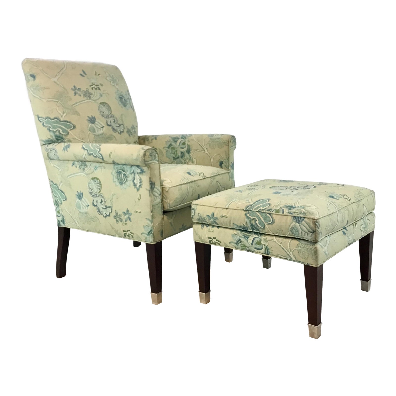 Hickory Chair Traditional Blue and Green Floral Print Chair and Ottoman