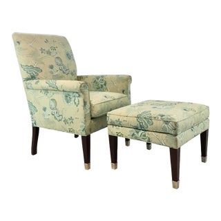Hickory Chair Traditional Blue and Green Floral Print Chair and Ottoman Set For Sale