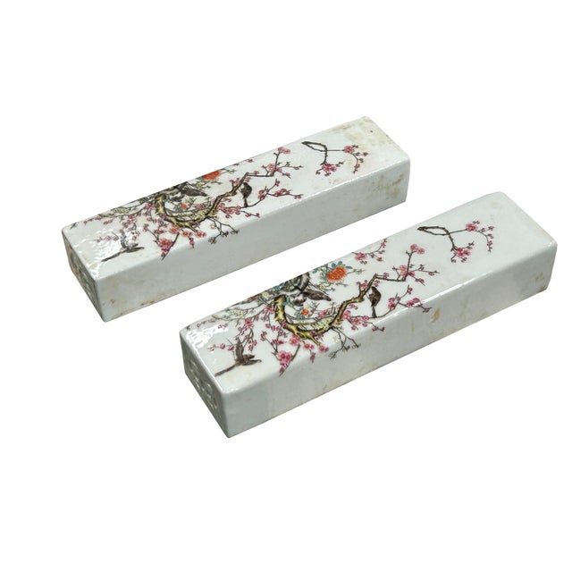 Pair White Porcelain Flower Birds Scenery Rectangular Display Paperweight For Sale - Image 4 of 13