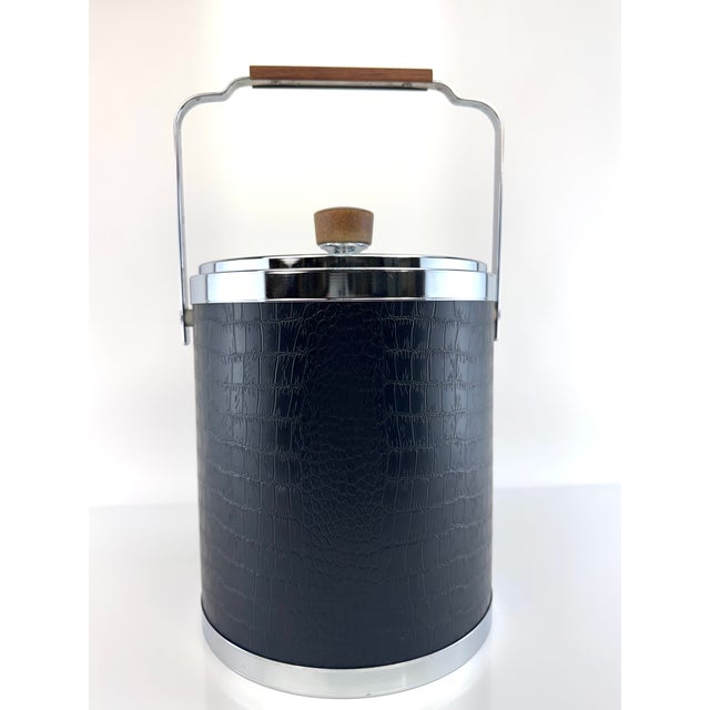 1960s Mid-Century Modern Kromex Black Faux Alligator, Chrome & Wood Ice Bucket For Sale - Image 9 of 11