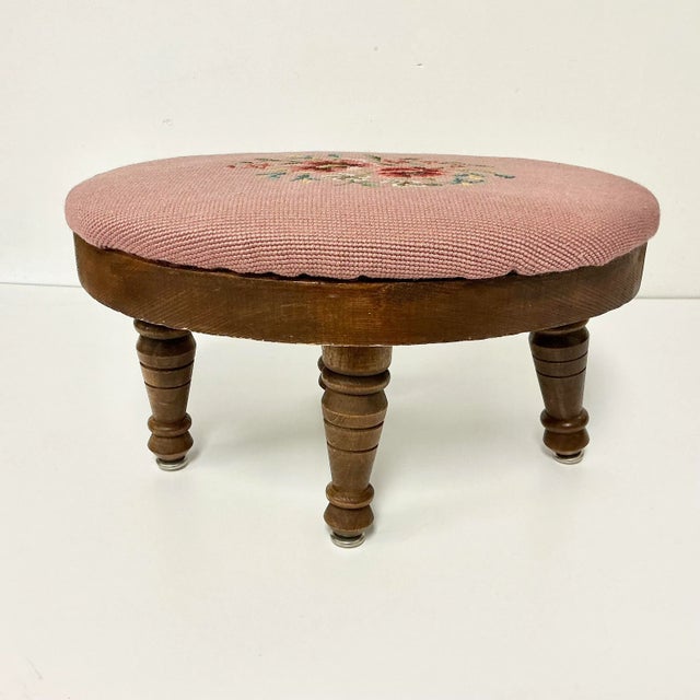 Mid-Century Boho Chic Folk Art Traditional Needlepoint Oval Footstool. For Sale - Image 10 of 14