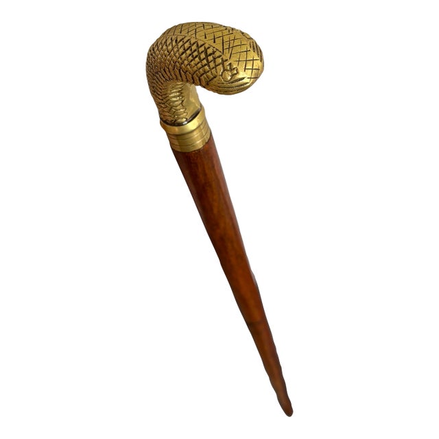 20th Century Brass Snake Head Wood Cane/Walking Stick For Sale