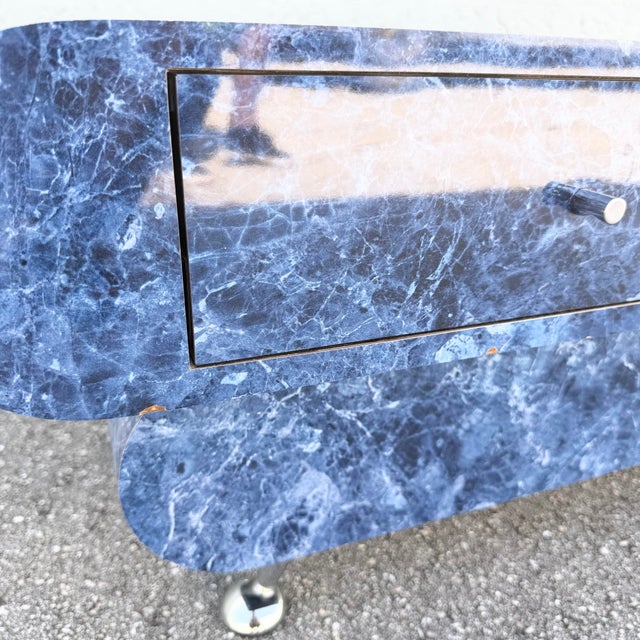 Postmodern Bullnose Faux Blue Marble Coffee Table on Chrome Legs For Sale In West Palm - Image 6 of 7